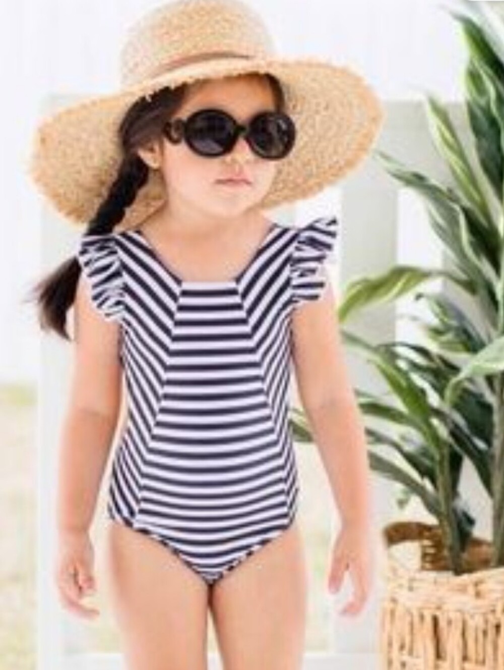TEA COLLECTION Baby girl Striped Navy and White Ruffle One-Piece Swimsuit